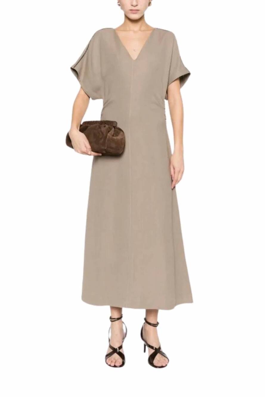 NEW BRUNELLO CUCINELLI v-neck midi dress in neutral brown